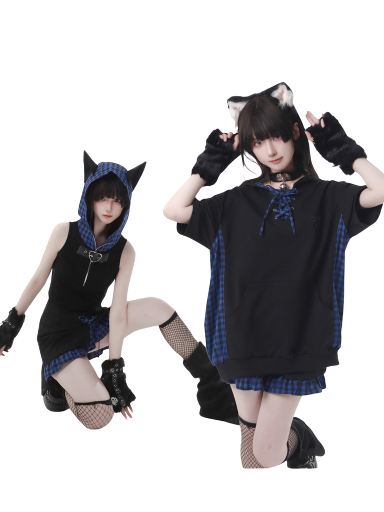 Blue Plaid Stitch Cat Ear Hoodie Summer Strap Design Suit