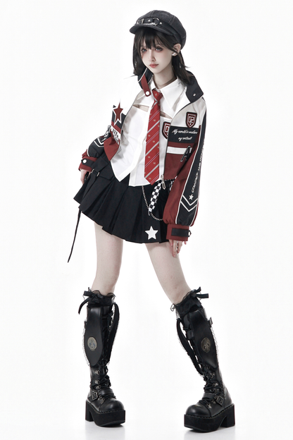 Biker Jacket + Shirt With Tie + Skirt + Belt