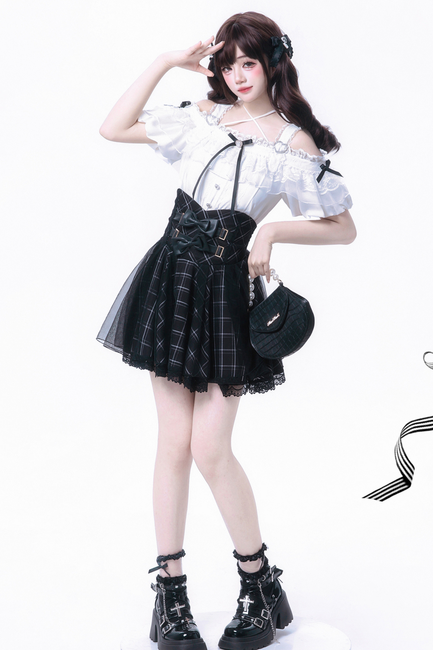 [pre-order] Sweet Dark Kawaii Ribbon Blouse + High Waist Skirt + Large Ribbon