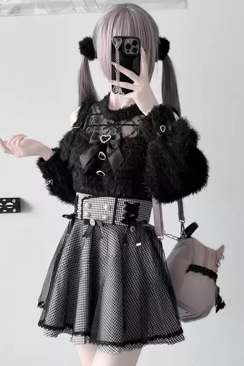 [pre-order] Jirai Lace Ribbon Long Black Sweater + Short Skirt