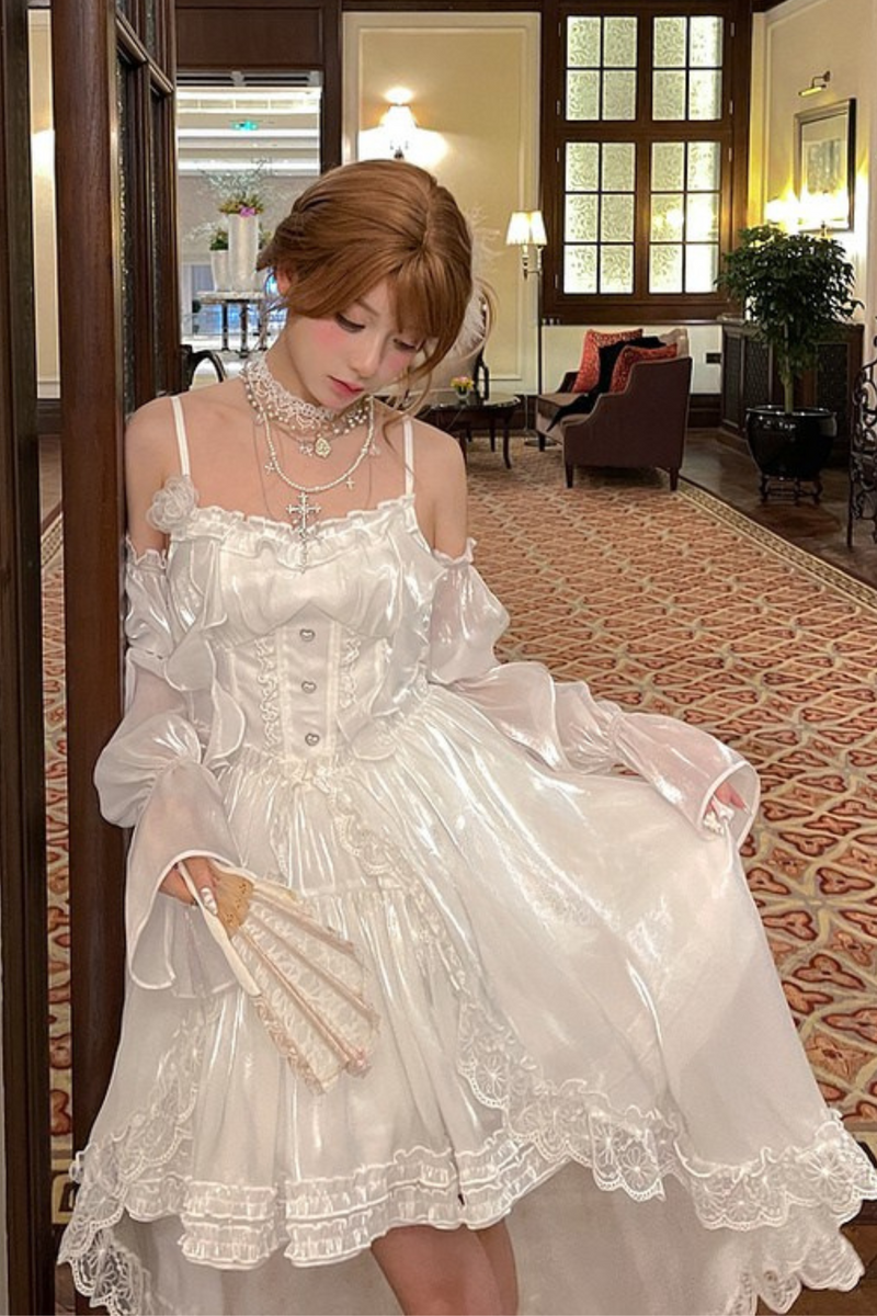 Heavy Shatin Drape Camisole Dress + Lace Asymmetric Shawl