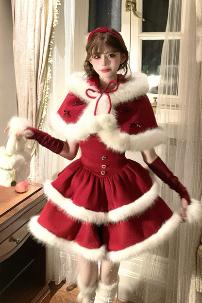 Red Velvet Cake Fur Coat + Suspender Skirt + Sleeves