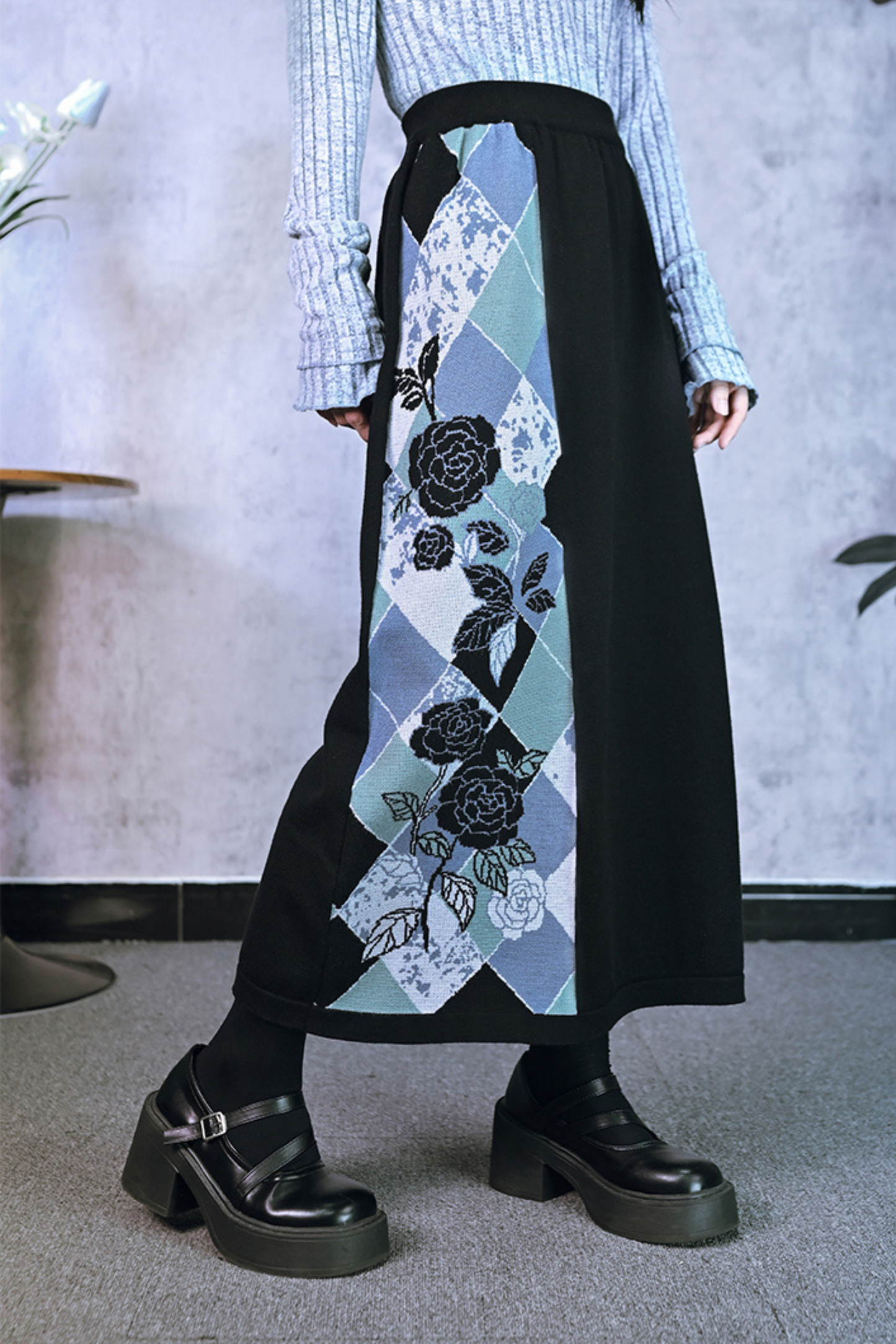 Argyle Cardigan + Asymmetric Skirt