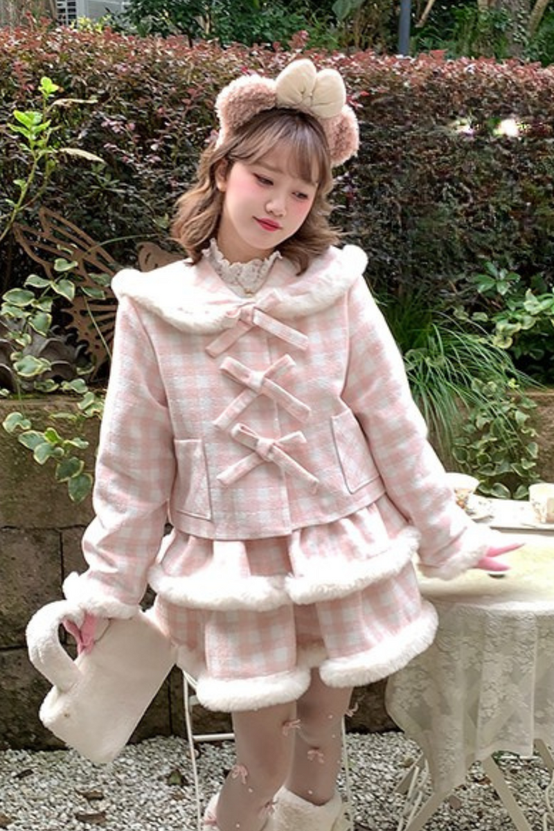 Peach Plaid Sweet Bow Coat + Plaid Tight Skirt + Fur Plaid Skirt