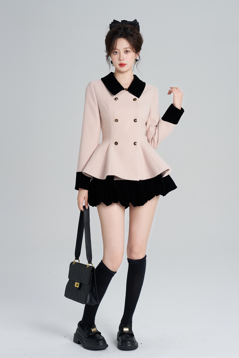 French Sweet Pink Flare Coat + Skirt