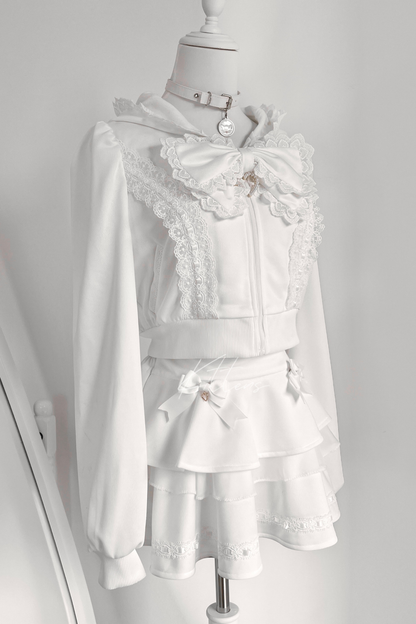 Ribbon Girly Cat Ear Hooded Zip Hoodie + Flare Skirt