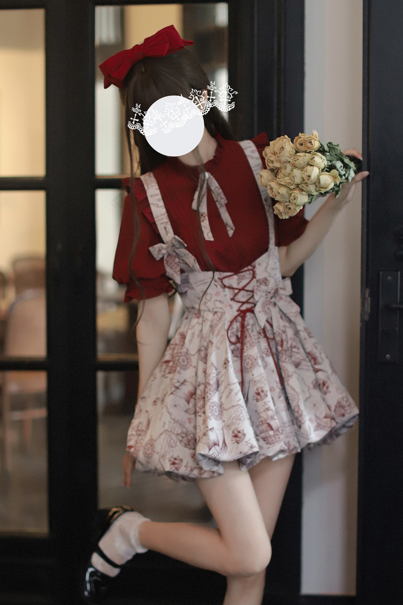 [pre-order] Wine Red Puff Sleeve Shirt + Balloon Jumper Skirt