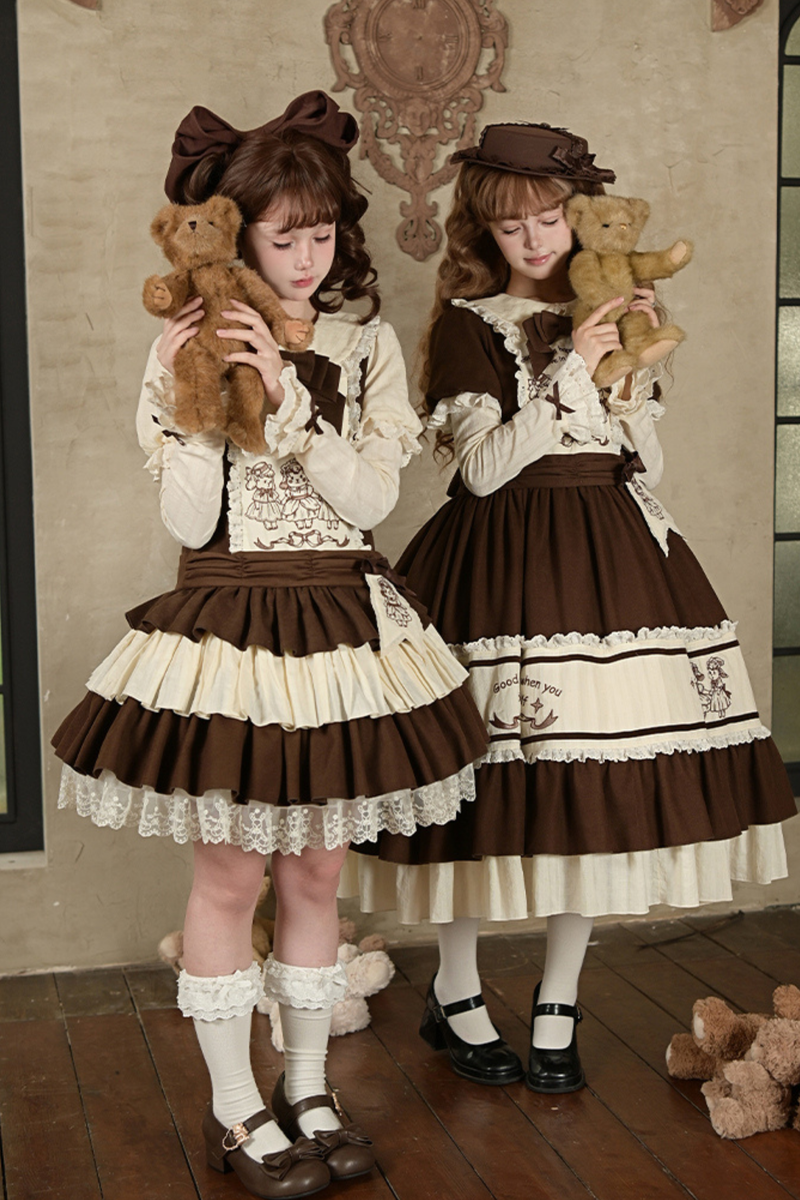 Doll Fairytale Lolita Dress + Bow Brooch + Belt + 2way Embroidery Brooch