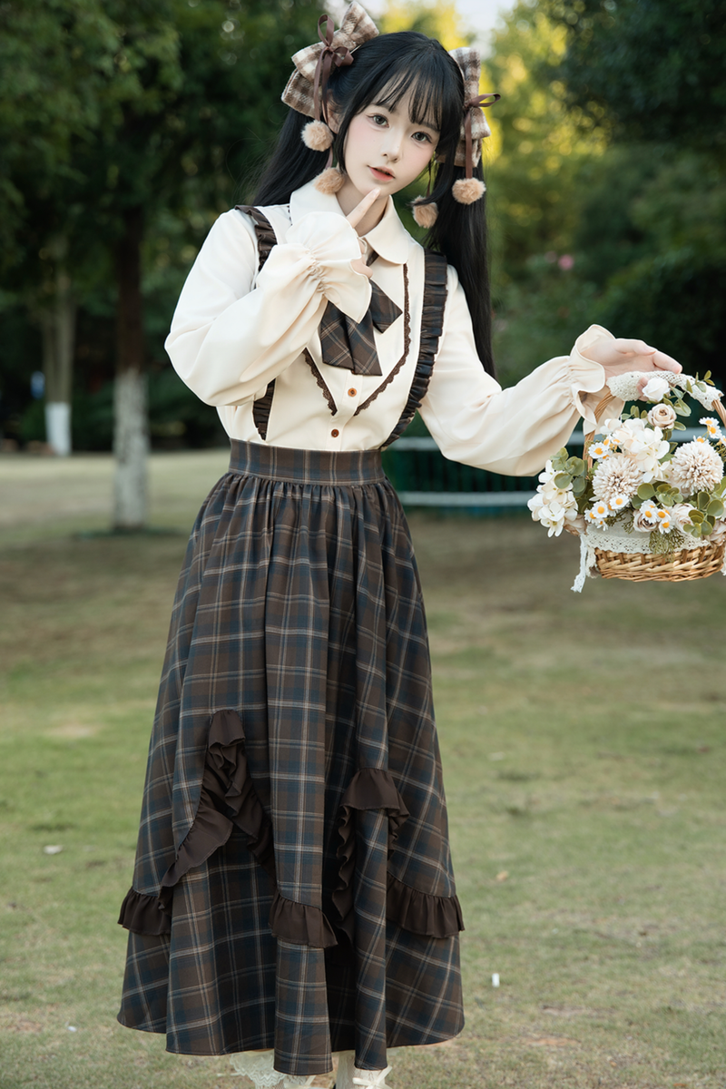 Retro Girly Plaid Skirt + Ruffle Blouse