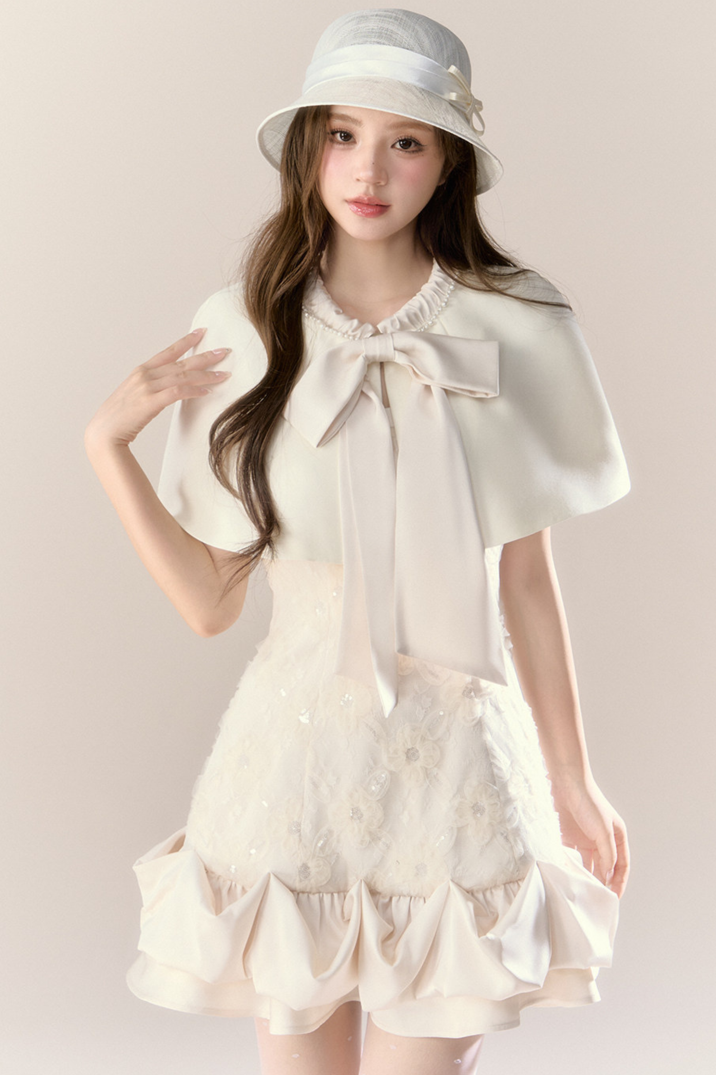 Ruffle Girly Pure Sleeveless Dress + Ribbon Cape
