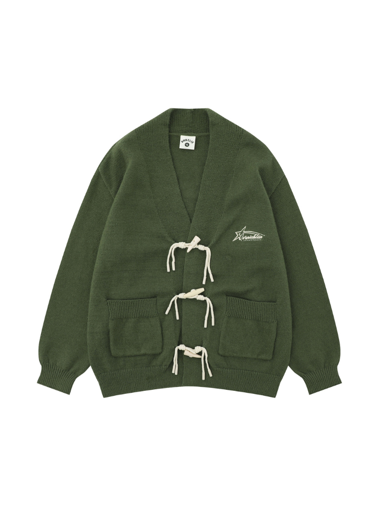 Retro Green Horn Button Cardigan Knit Jacket + Striped Shirt + Check Skirt