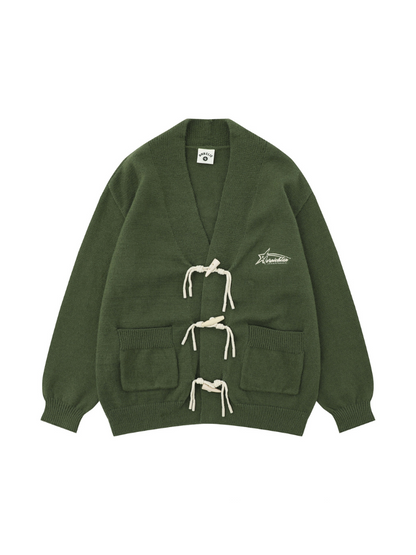 Retro Green Horn Button Cardigan Knit Jacket + Striped Shirt + Check Skirt