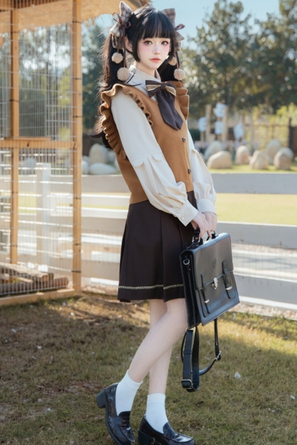 Fur Collar Cape + Knit Vest + Shirt + Pleated Skirt + Ribbon