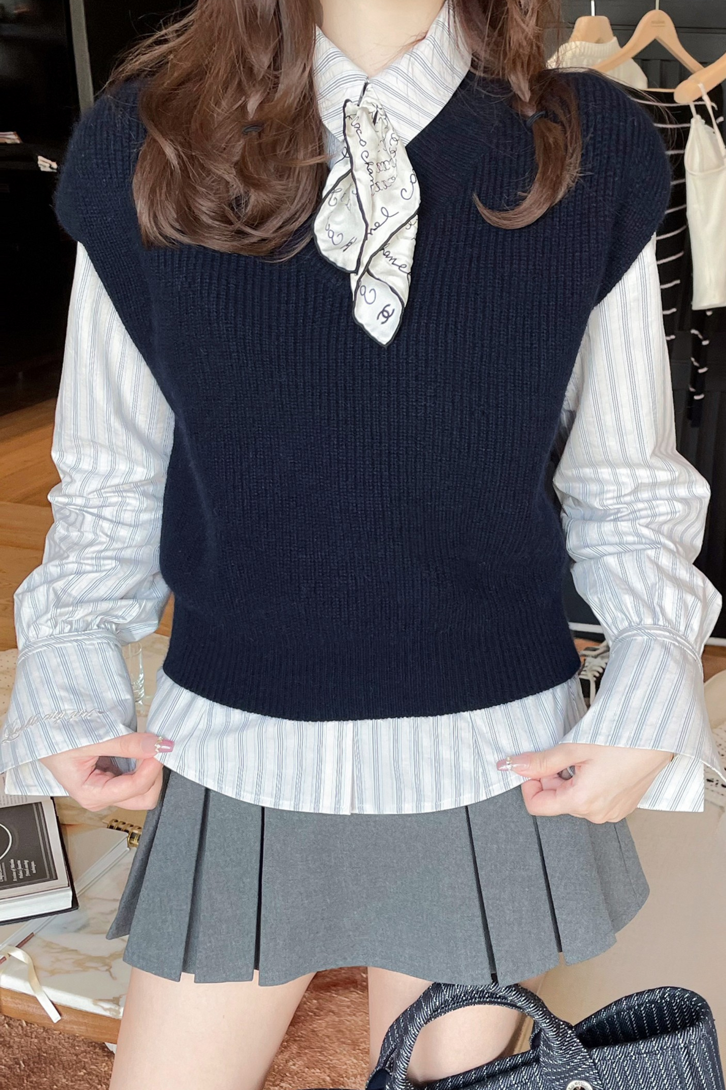Fur Knit Vest + Striped Shirt