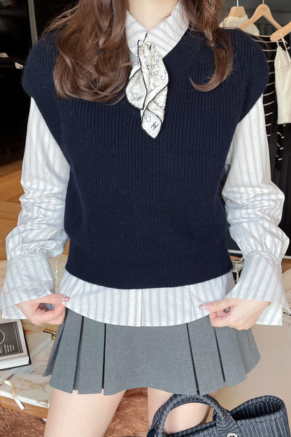 Fur Knit Vest + Striped Shirt