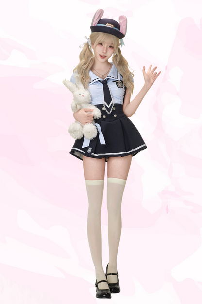 Fiservani Blue Shirt With Tie Badge + Blue Strap Skirt