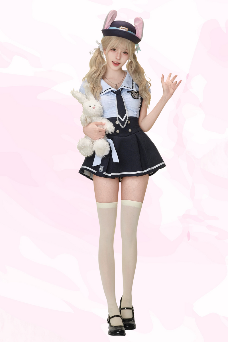 Fiservani Blue Shirt With Tie Badge + Blue Strap Skirt