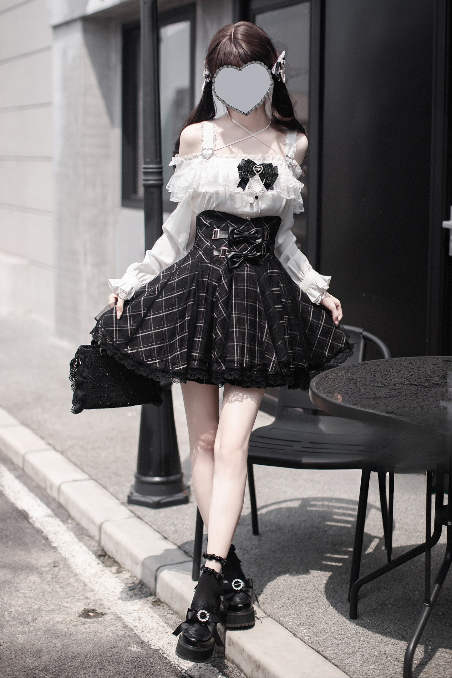 Jirai Off-the-shoulder Shirt + Plaid Skirt (with Inner Pants)