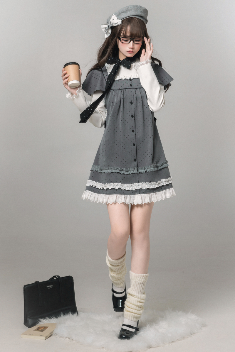 Gray Polka Dot Doll Dress + Beret