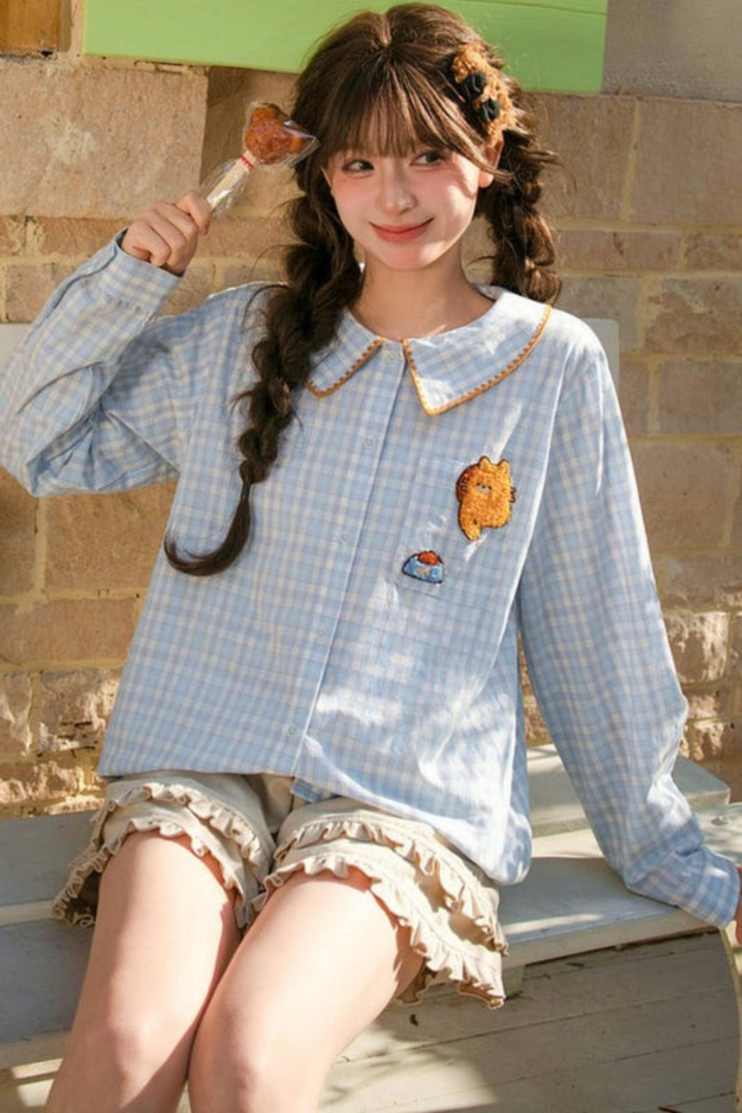 Cat Embroidered Plaid Blouse