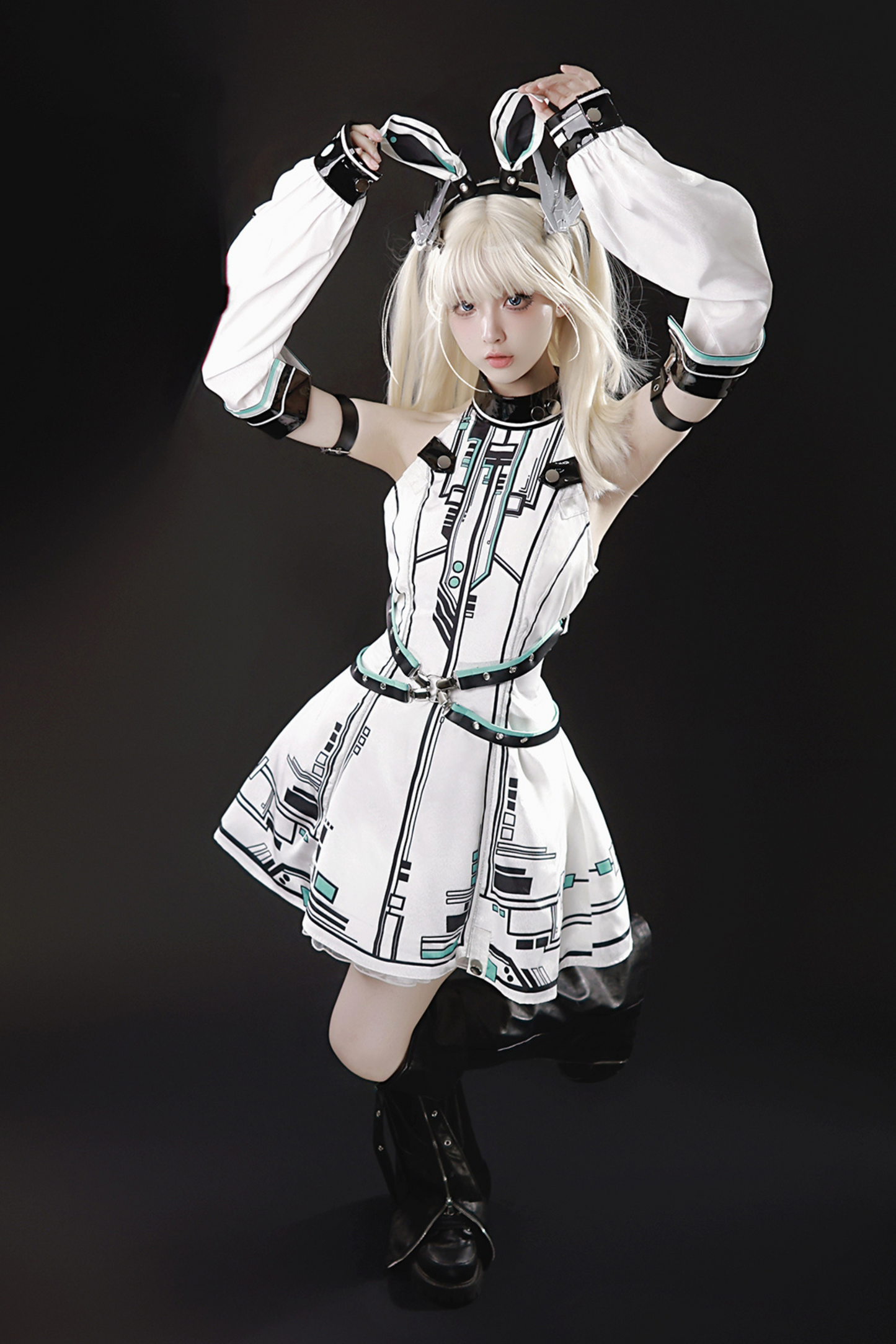 [reservation Product] Machine Warrior Lolita Technology Printed Dress + Sleeve + Bunny Ear Cutucha