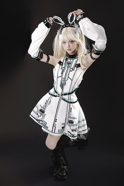 [reservation Product] Machine Warrior Lolita Technology Printed Dress + Sleeve + Bunny Ear Cutucha
