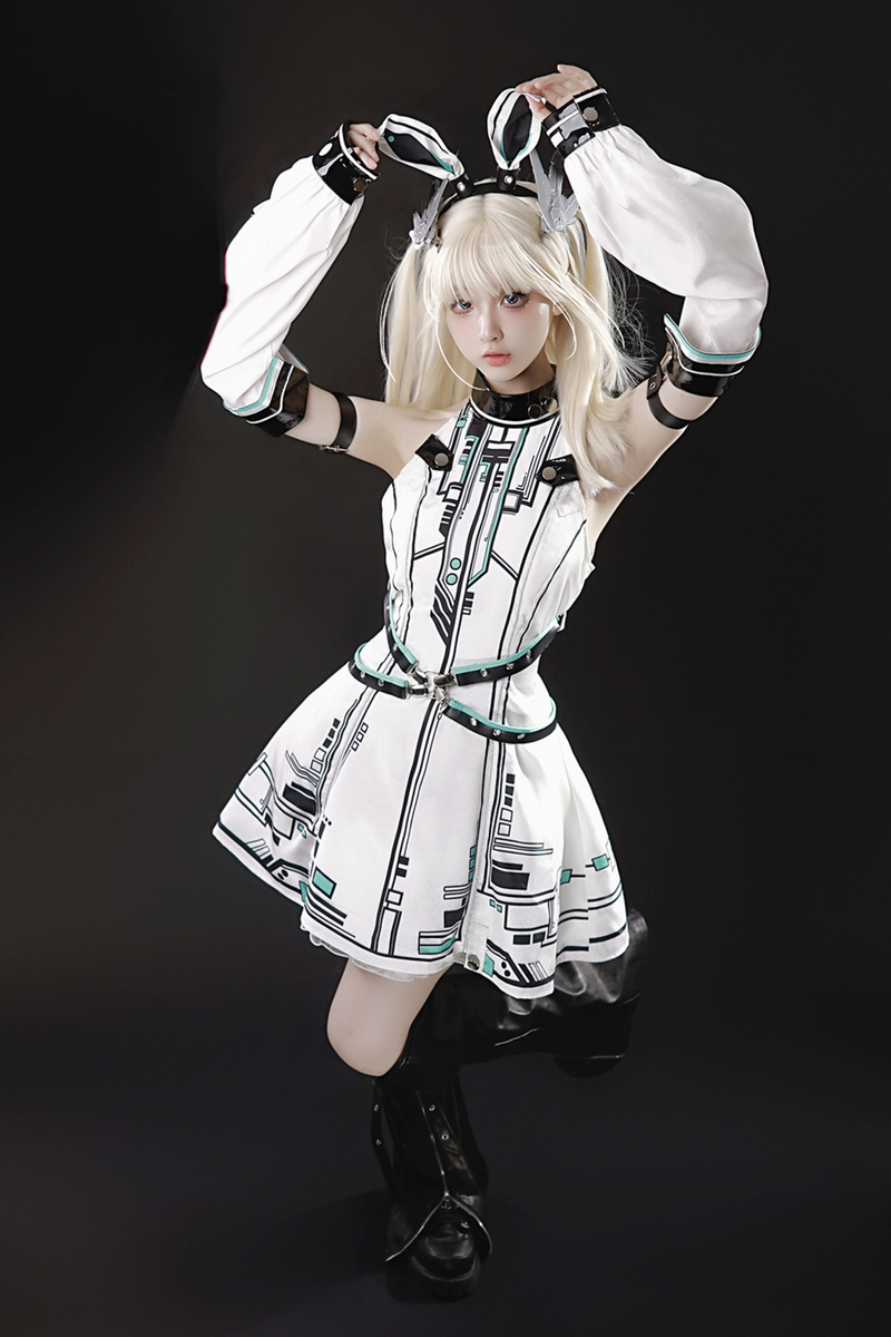 [reservation Product] Machine Warrior Lolita Technology Printed Dress + Sleeve + Bunny Ear Cutucha