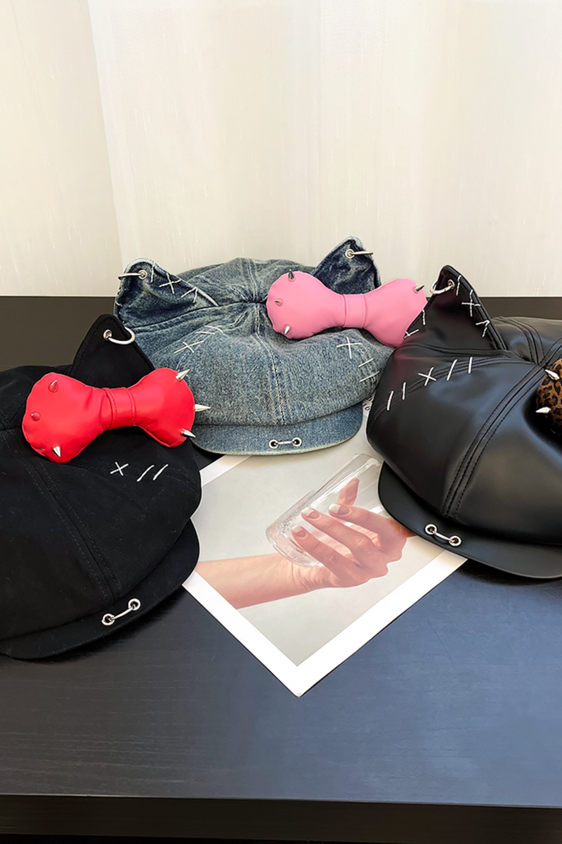 Studded Bowknot Octagonal Cap
