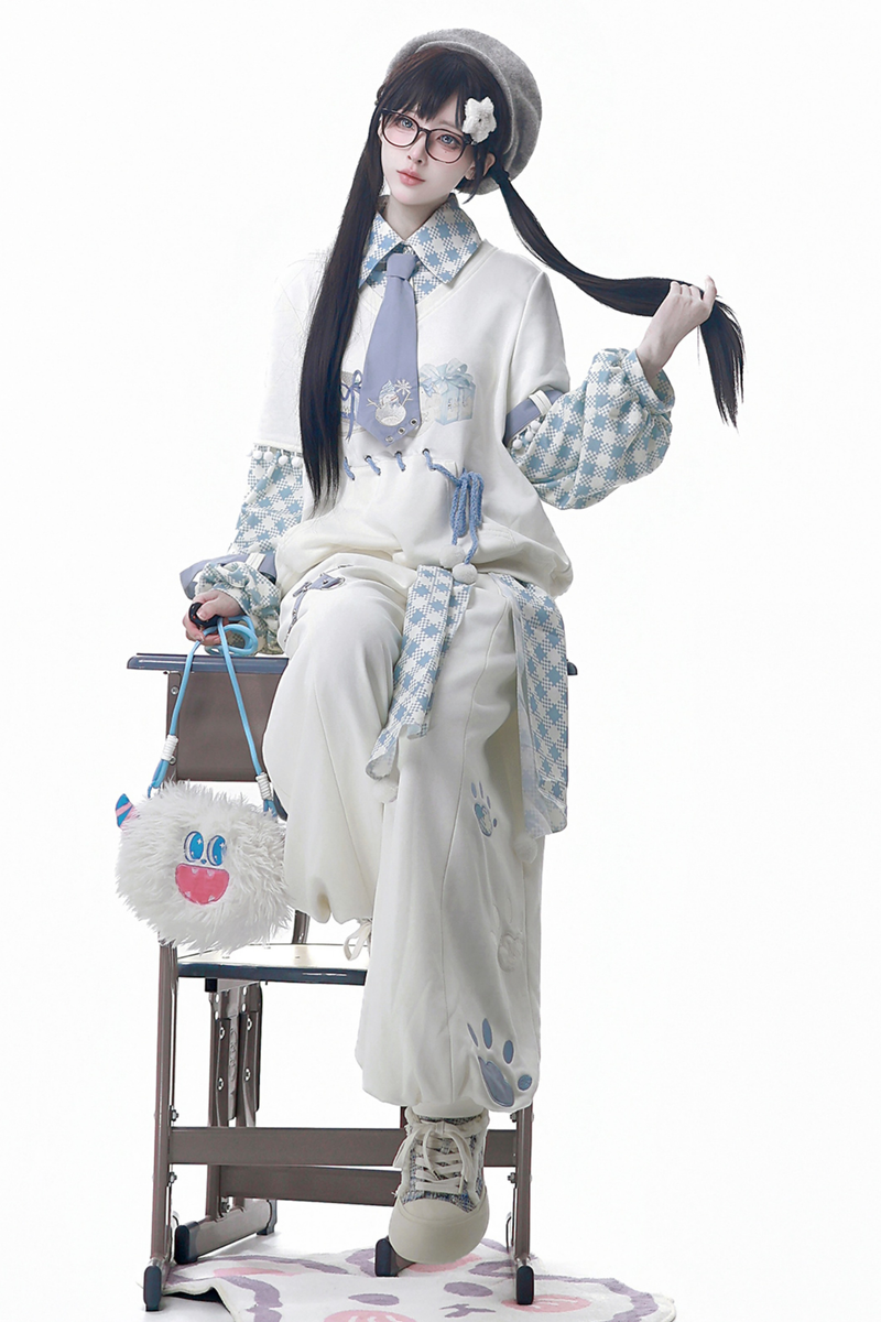 Digital Plaid Top + Wide Pants + Belt + Tie
