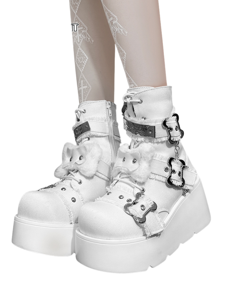 Small Bone Denim Round Toe Platform Short Boots