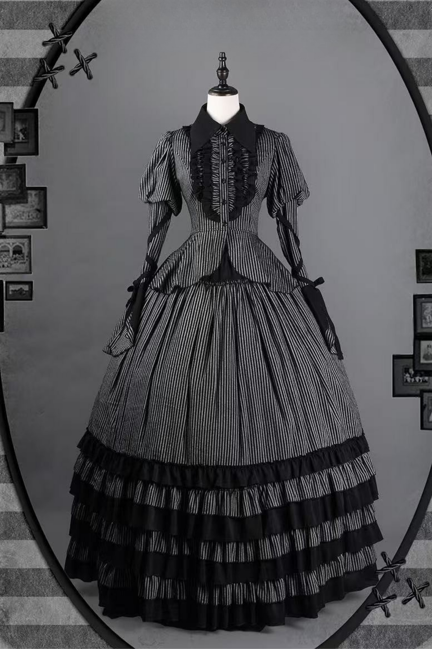 [pre-order] Dark Striped Gusset-sleeved Shirt + Corset + Skirt