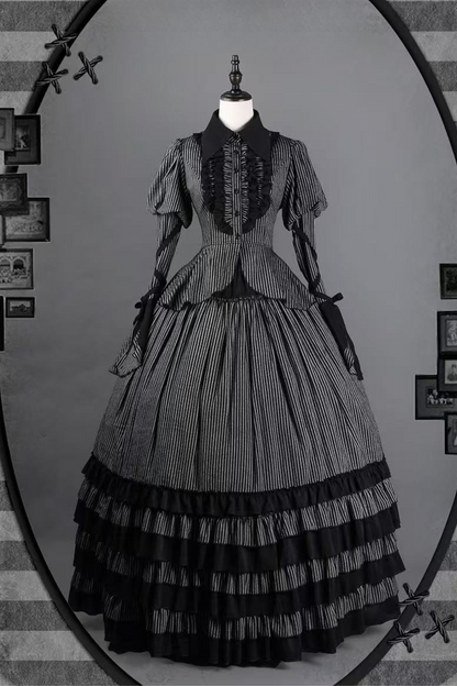 [pre-order] Dark Striped Gusset-sleeved Shirt + Corset + Skirt