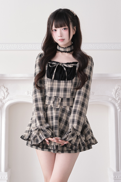 Plaid Ribbon Lace Dress