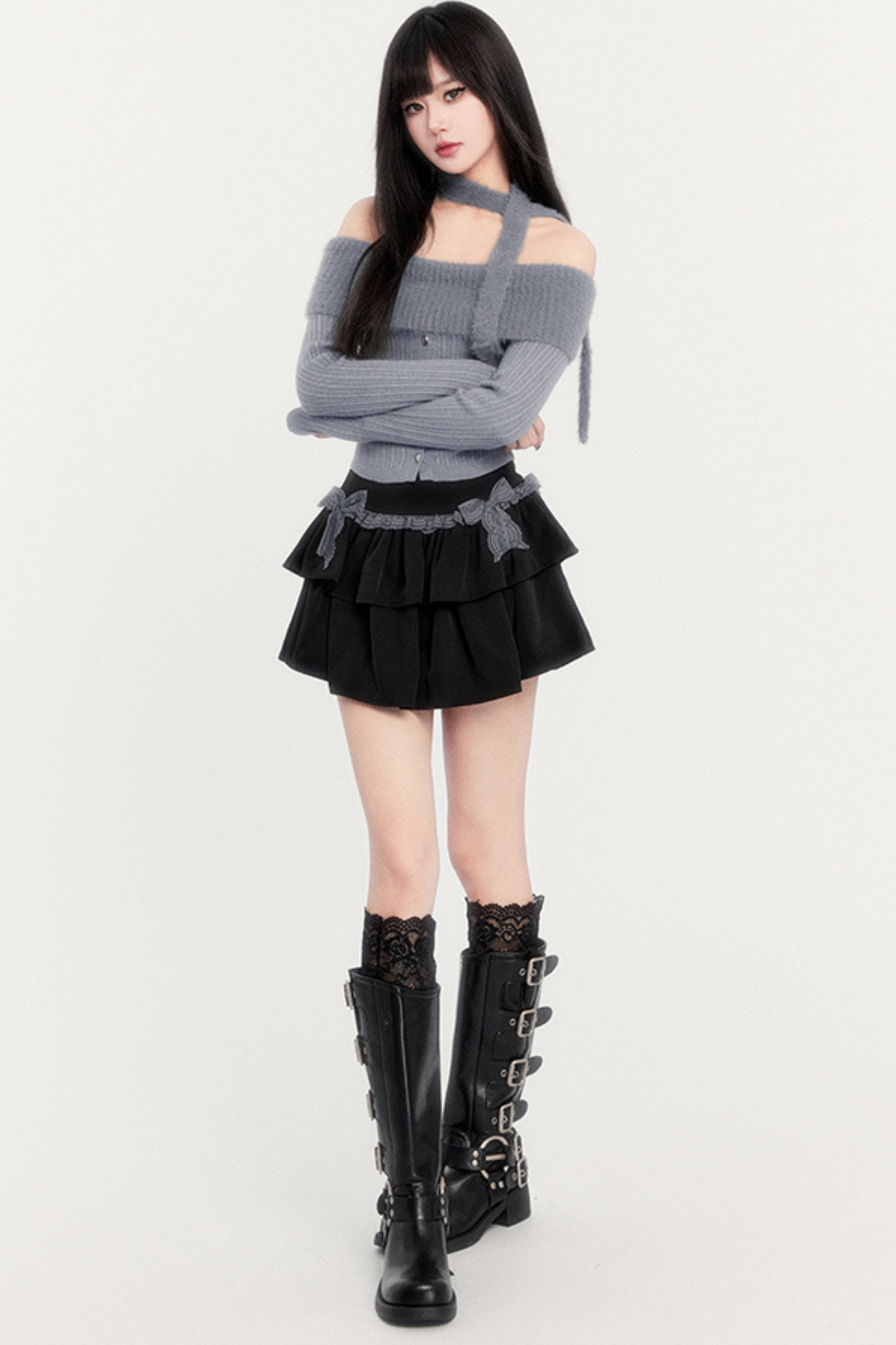 Off Shoulder Knit + Ribbon Tiered Skirt