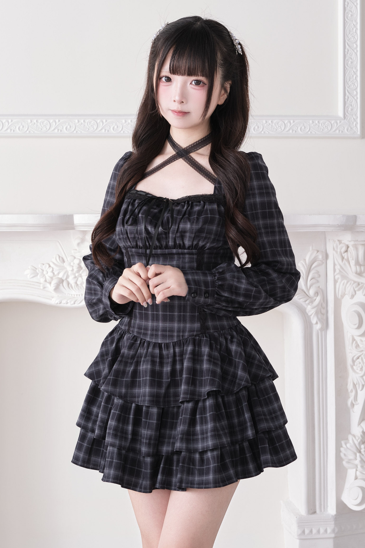 Striped Plaid Cross Neck Ruffle Dress
