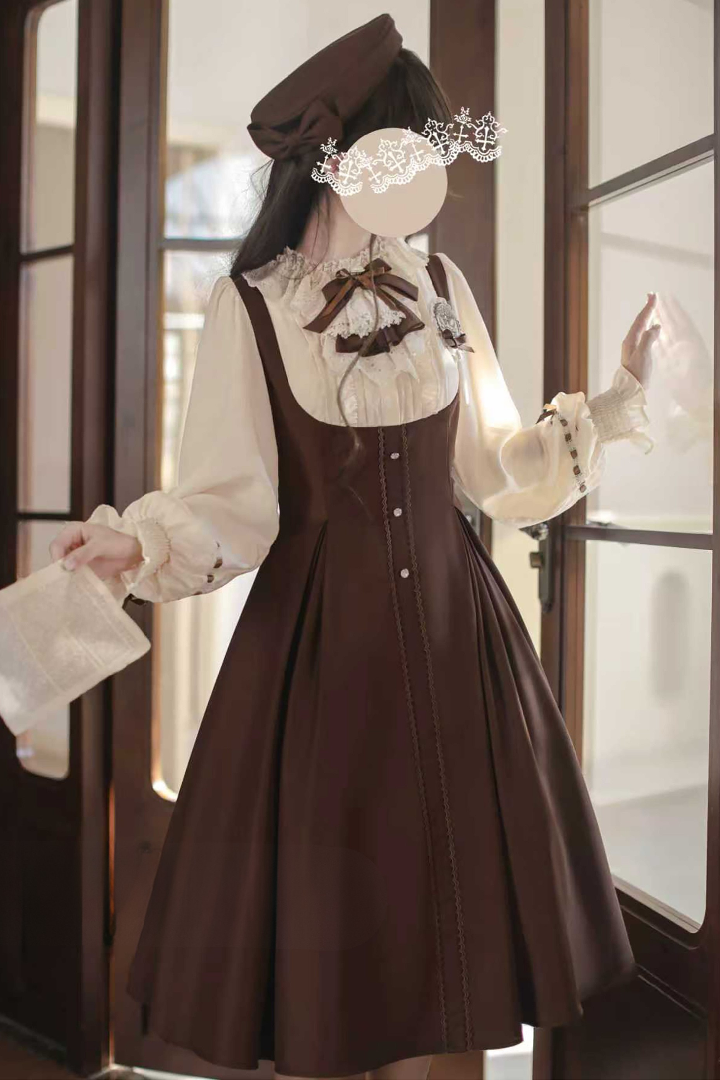 French Brown Lolita Dress + Cape + Beret + Badge