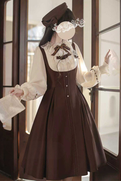 French Brown Lolita Dress + Cape + Beret + Badge