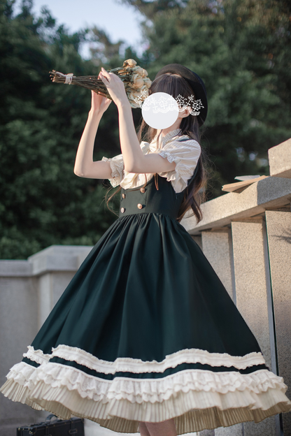 Western-style College Vest Skirt + Puff Sleeve Shirt + Big Ribbon + Brooch