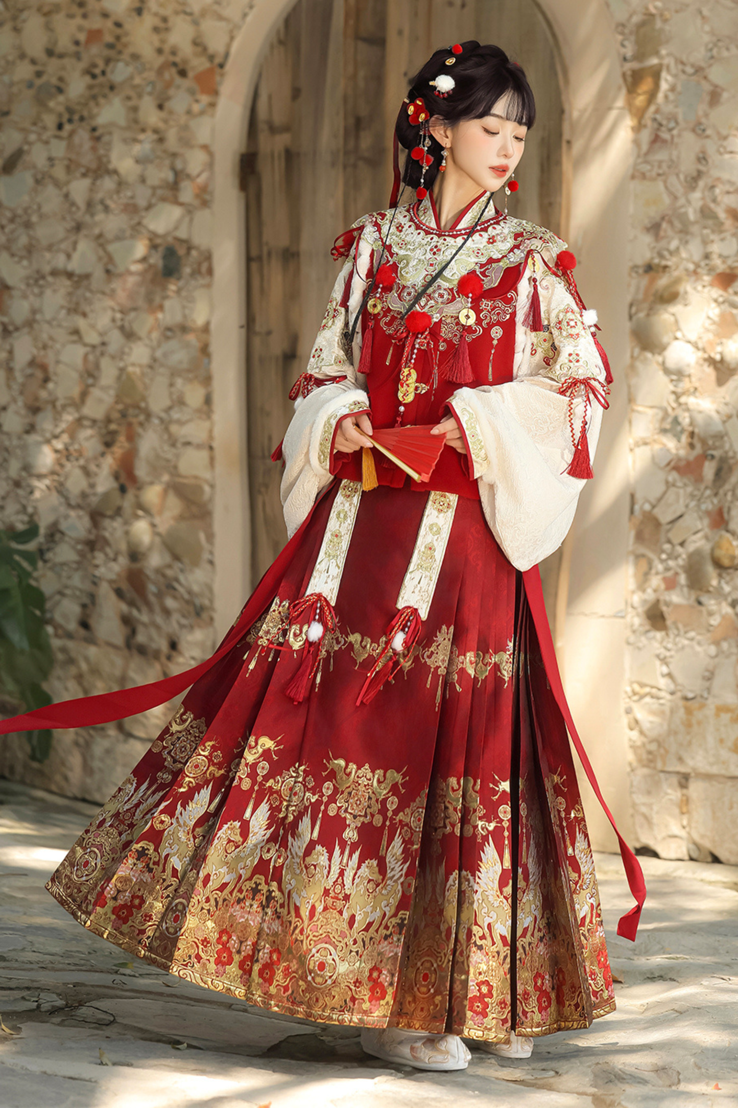 Retro Chinese-style Top + Skirt + Vest + Shoulder