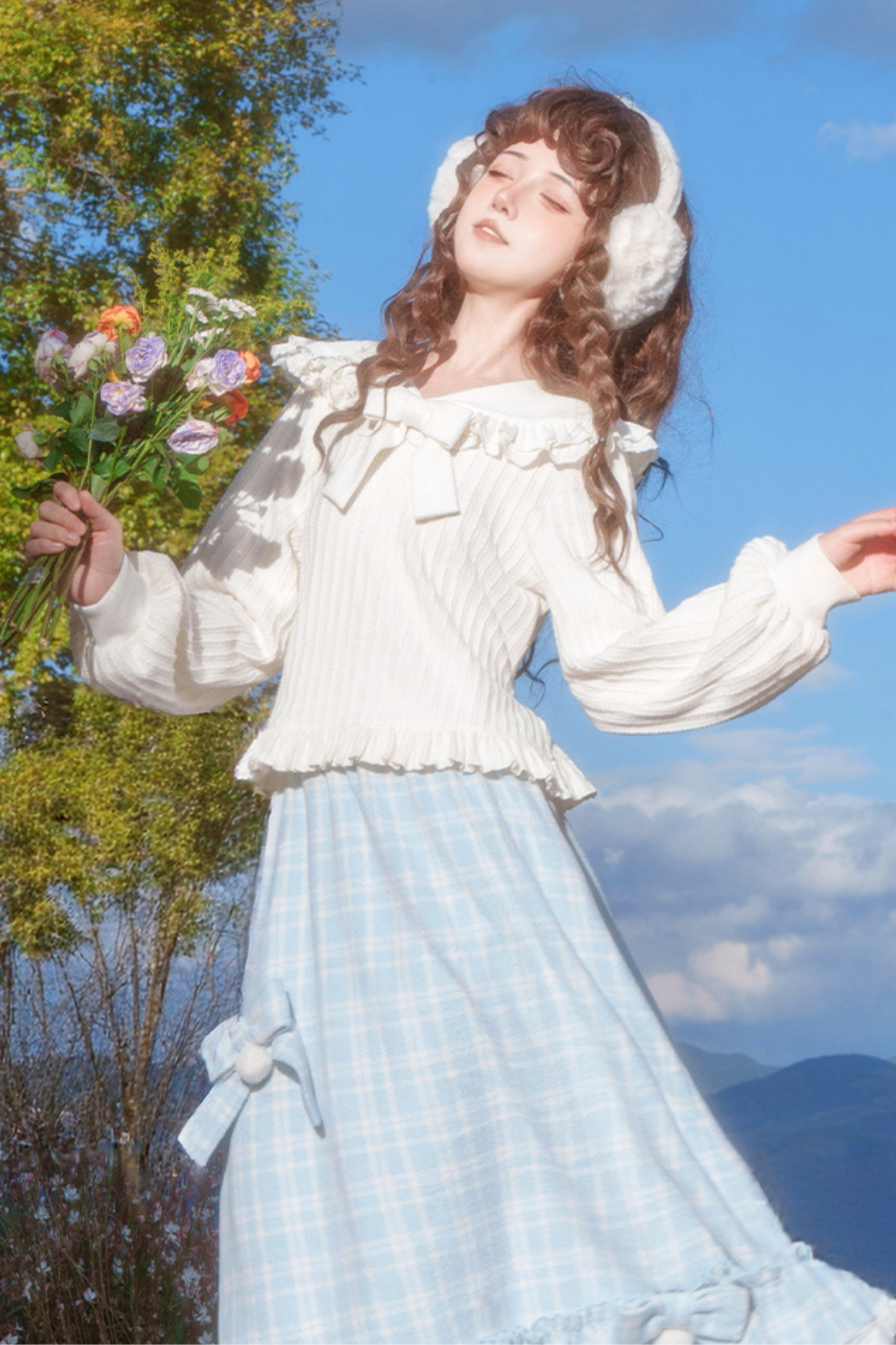 Lace Doll Collar Ribbon Top + Skirt