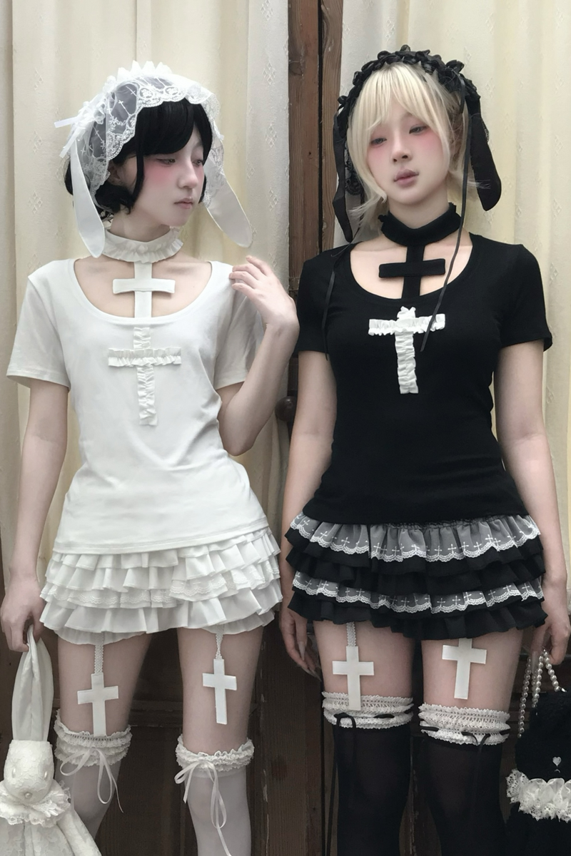 Gothic Style Cross T-shirt + Cross Collar + Pumpkin Pants