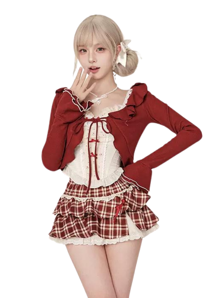 Red Wine Sweet Cherry Summer Suit Red Cardigan + Vest Top + High Waist Red Plaid Skirt