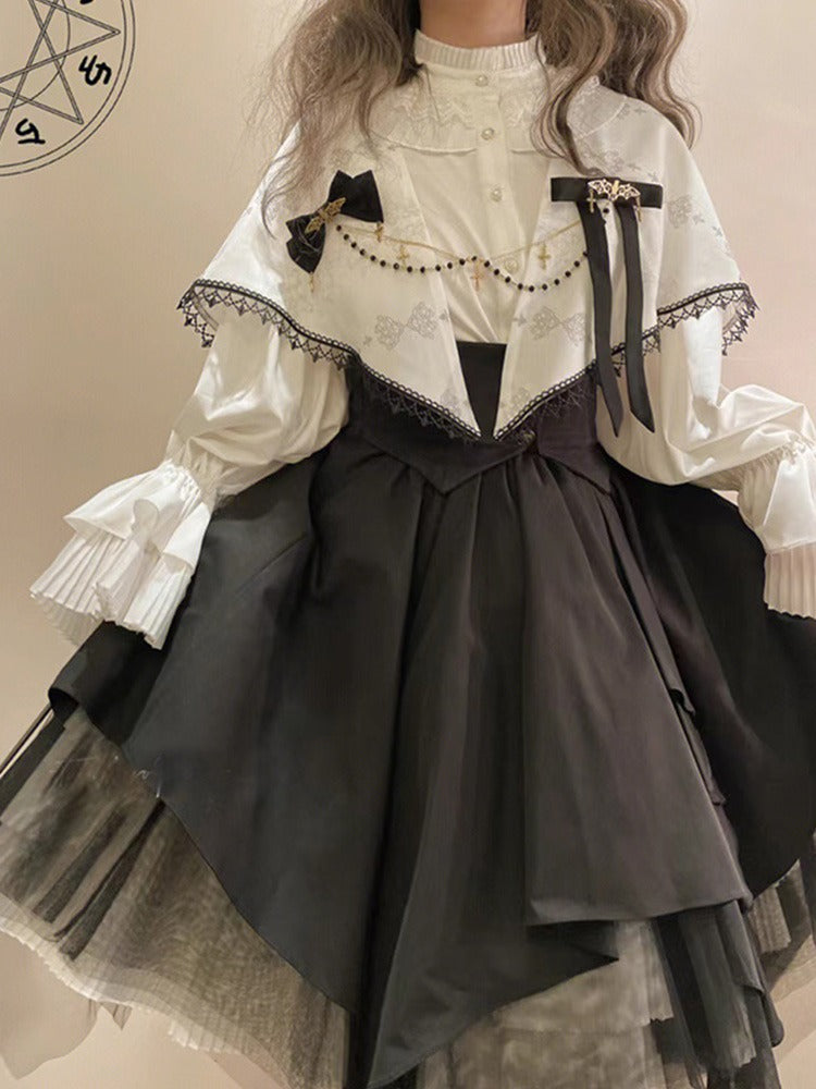 Cross Charm Ribbon Candy Sleeve Blouse + Waist Mark Irregular Hem Skirt