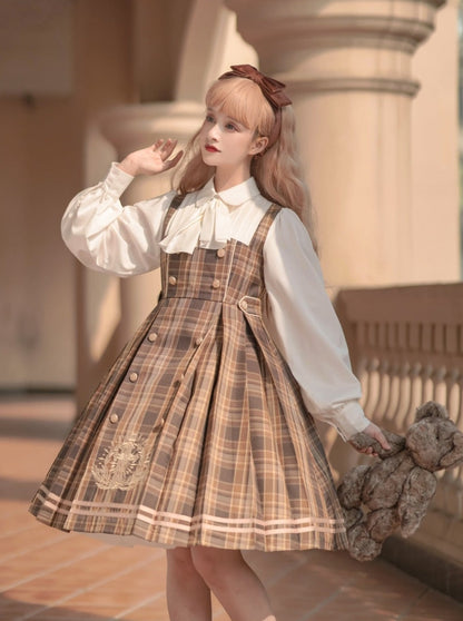 Bow Collar Volume Sleeve Plaid Dress + Cross Plaid Cape Coat