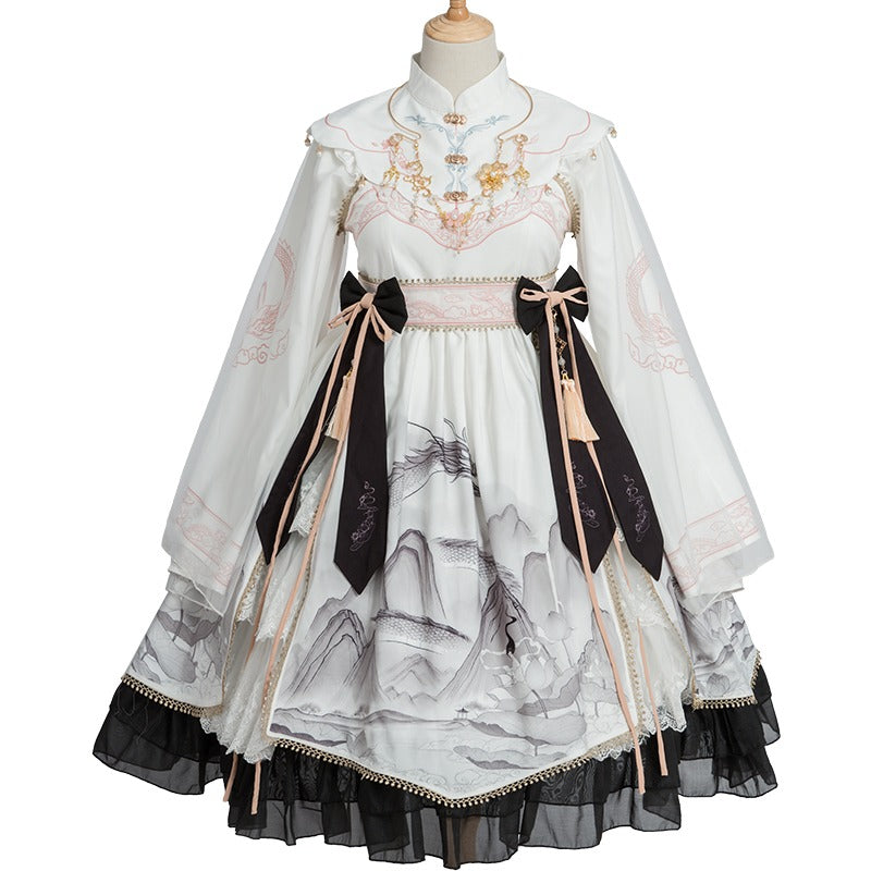 Layered Ruffle Kimono Dress With Attached Collar