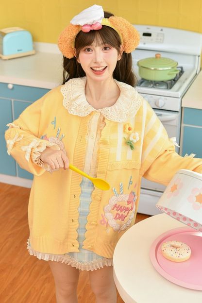 [pre-order] Strawberry Shortcake + Plaid High Waist Skirt + Custard Cardigan