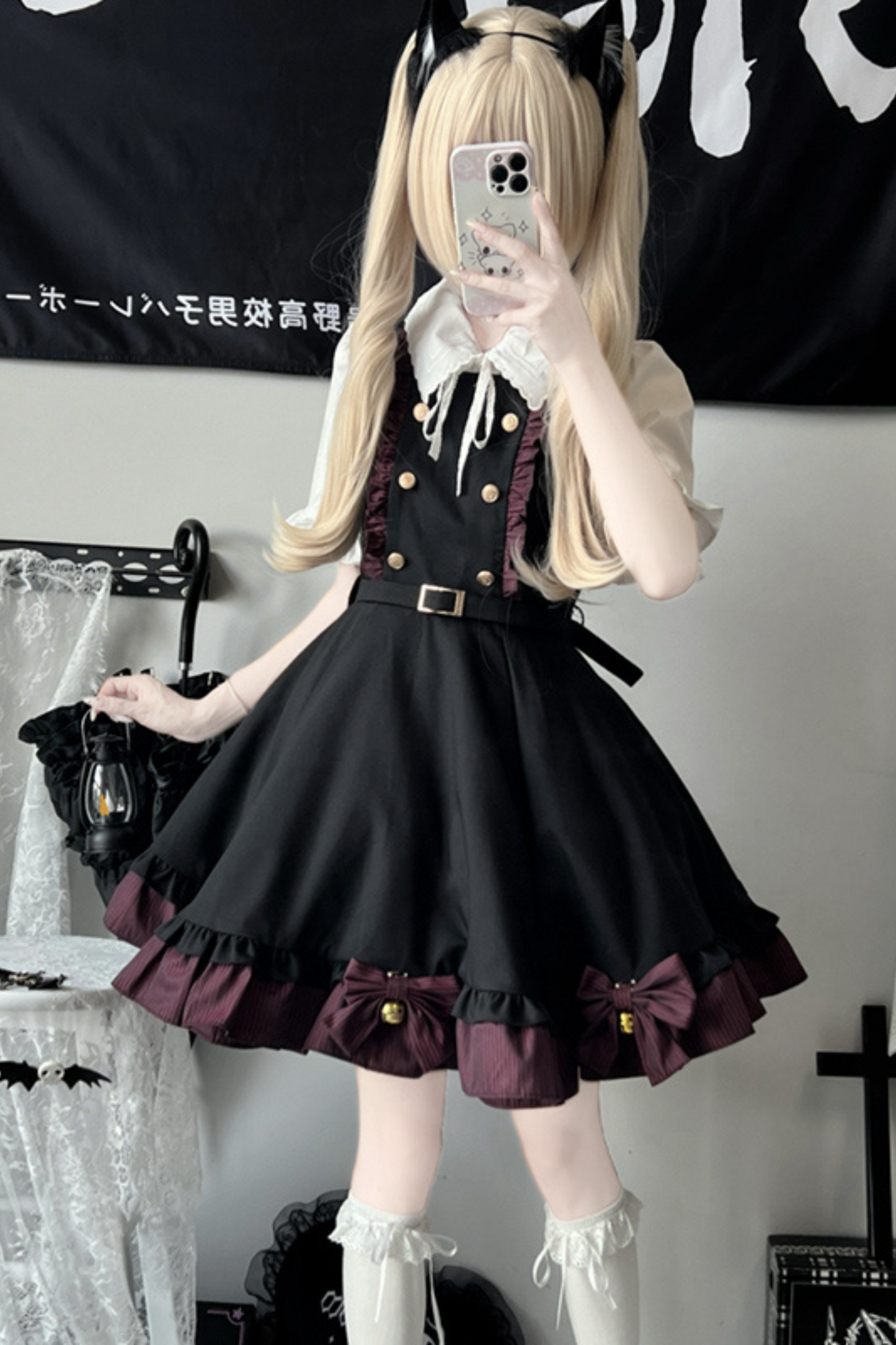 Plaid Suspender Skirt + Ribbon Ruffle Shirt