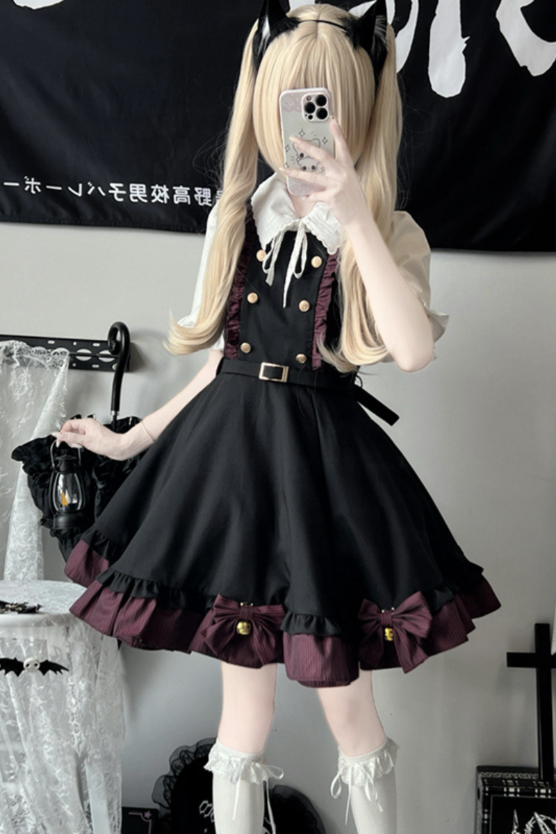 Plaid Suspender Skirt + Ribbon Ruffle Shirt