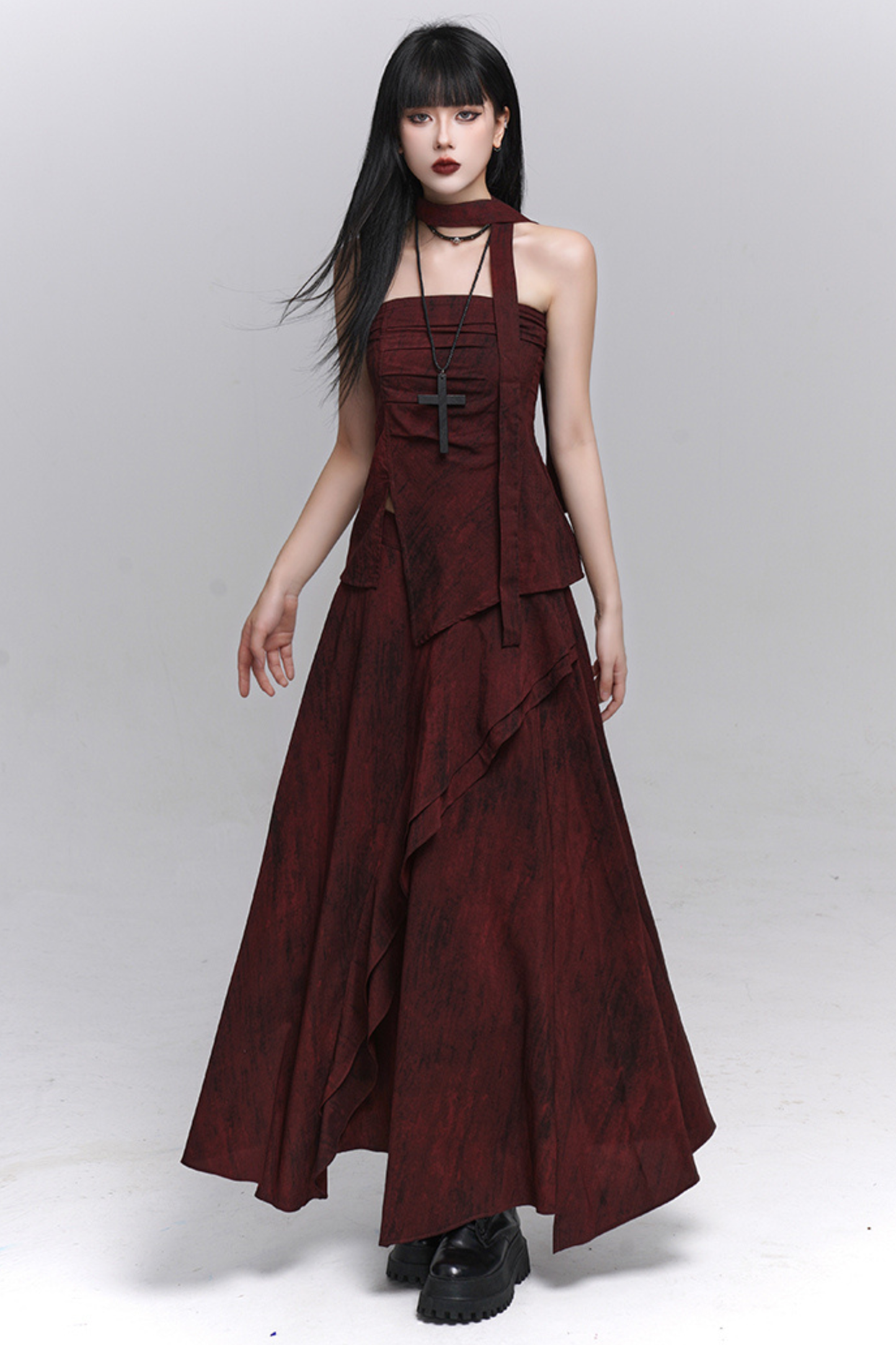 Dark Red Bandeau + Long Skirt