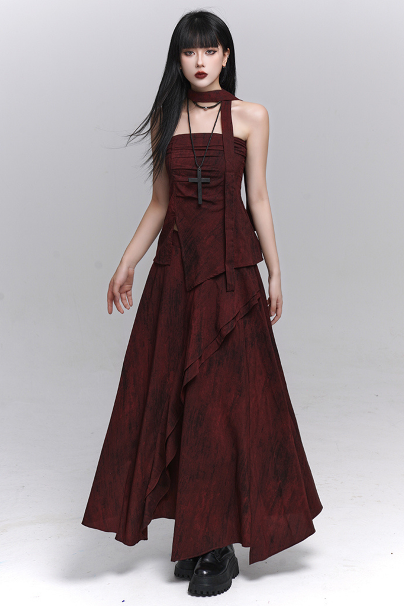 Dark Red Bandeau + Long Skirt